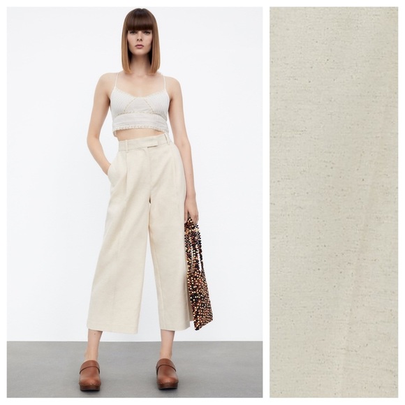 NWT. Zara Beige High-Waisted Wide Leg Trousers/Pants with Darts. Size S. - Picture 1 of 11